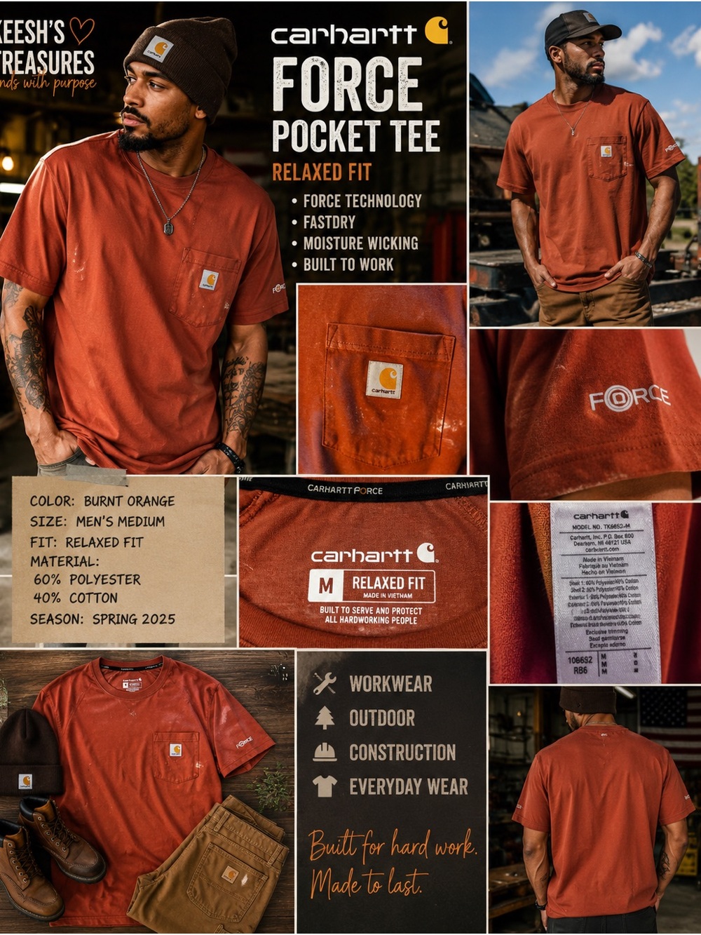 Carhartt Force Pocket T Shirt Medium Burnt Orange Relaxed Fit FastDry Workwear